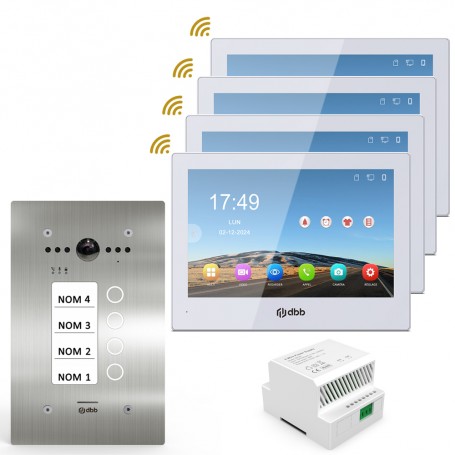 Kit visiophone VIDEA Platine inox encastrable / Moniteur HD blanc / 4 Boutons