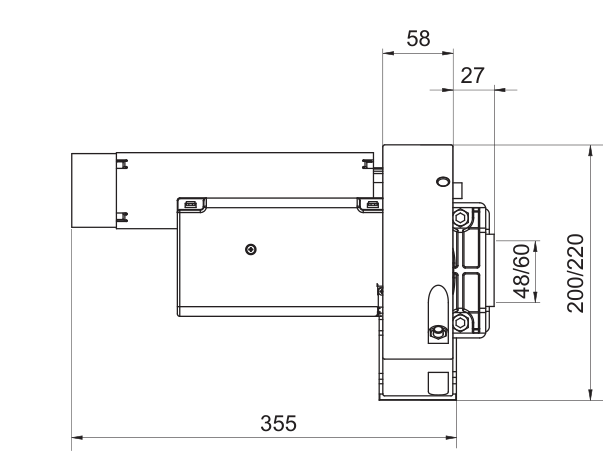 Plan coté officiel WILL 140 E : longueur 355 mm, arbre 48 ou 60 mm, couronne 200 ou 220 mm