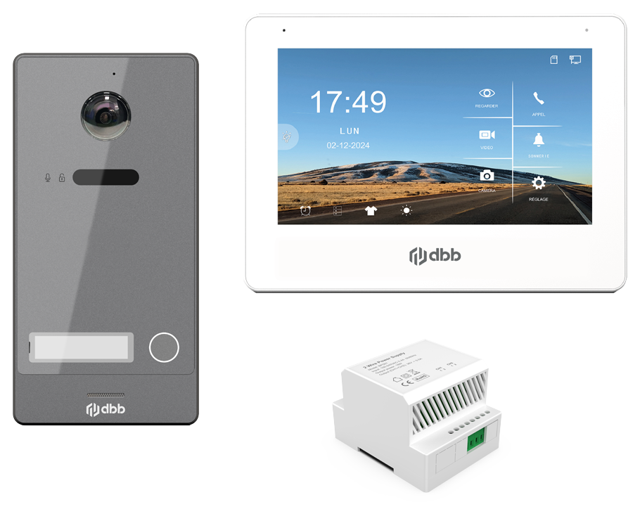 Kit visiophone KVID G avec platine grise, moniteur 7 pouces blanc et alimentation