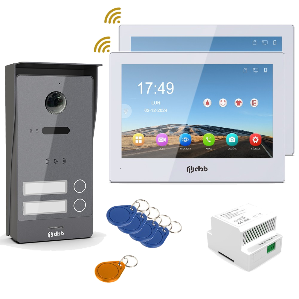 Kit visiophone DBB KVID2RFICG avec platine 2 boutons, 2 moniteurs 8 pouces et alimentation
