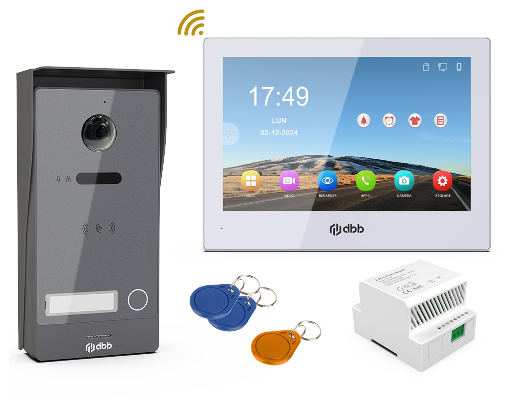 Kit visiophone DBB KVIDRFICG avec platine, moniteur 8 pouces, alimentation et badges