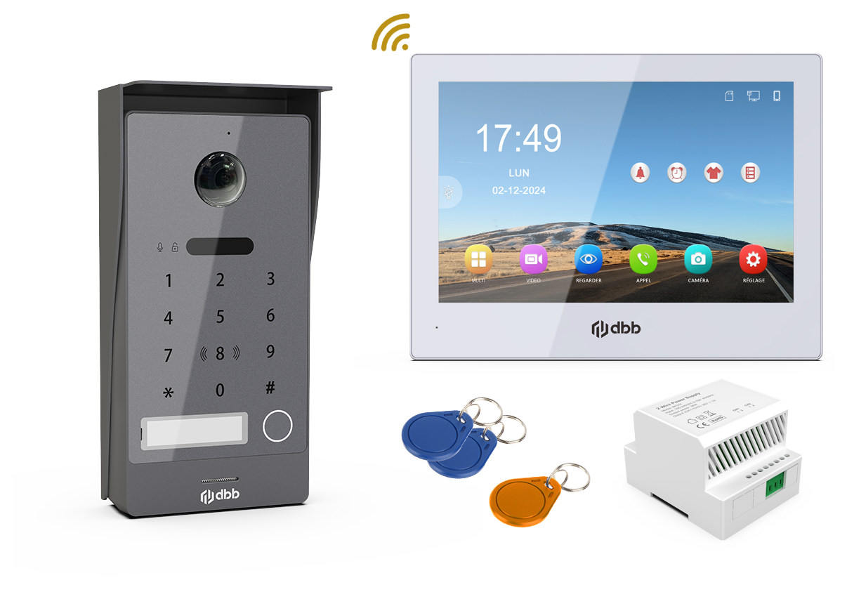 Kit visiophone DBB KVIDRFICKPG avec platine, moniteur 8 pouces, alimentation et badges